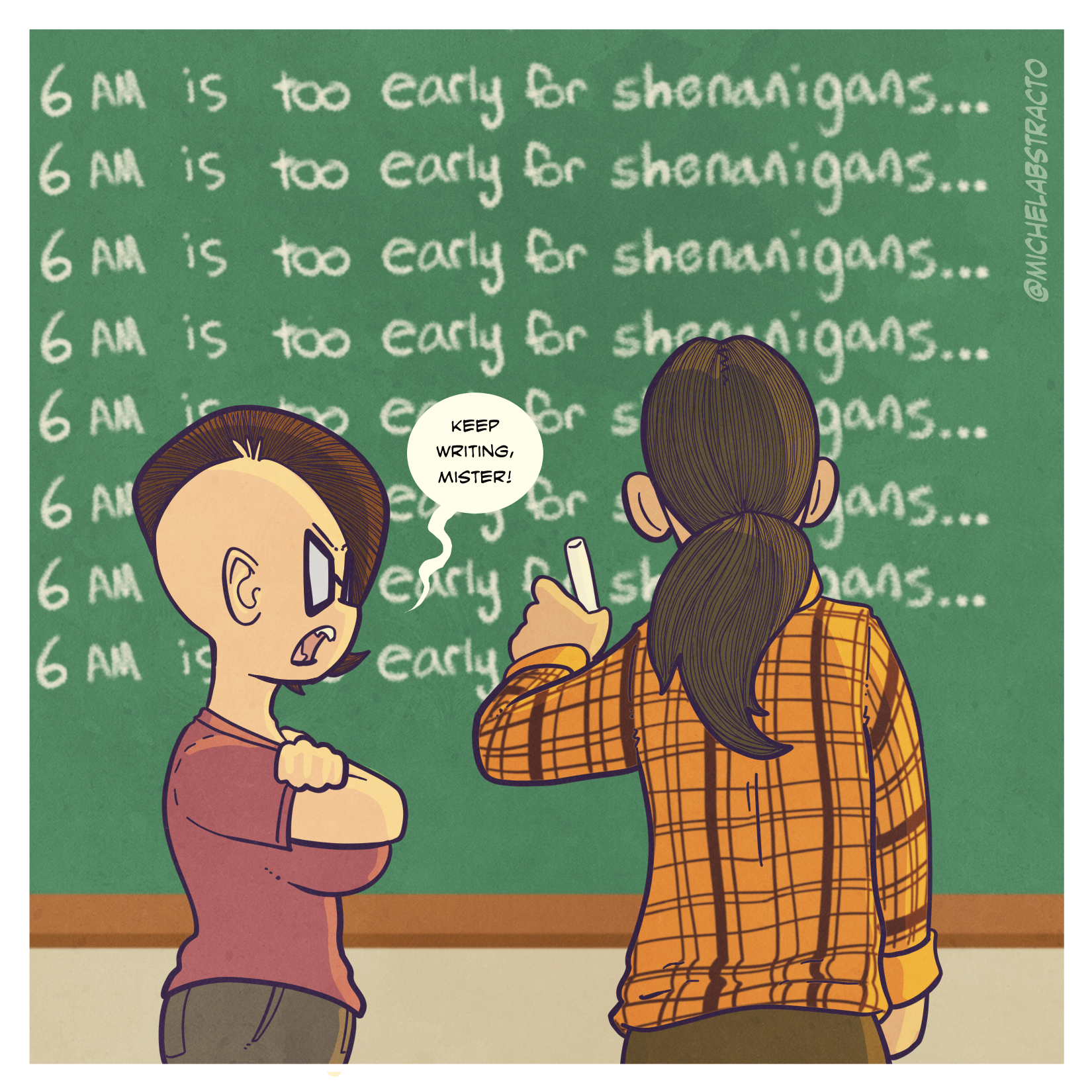 Comic strip featuring Abstracto's partner scolding them for activating their humor so early in the morning.