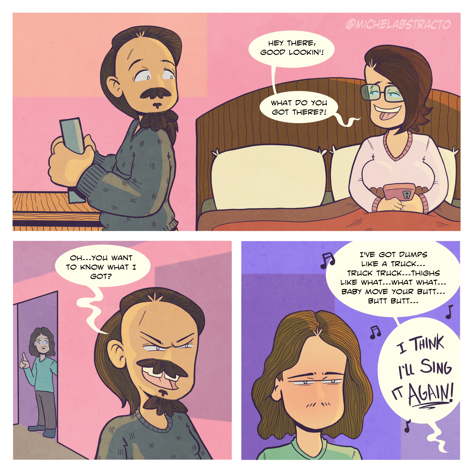 Thighs Like A Truck is a comic strip of Michel Abstracto and his partner flirting with each other in the privacy of their bedroom and their son accidentally witnesses.