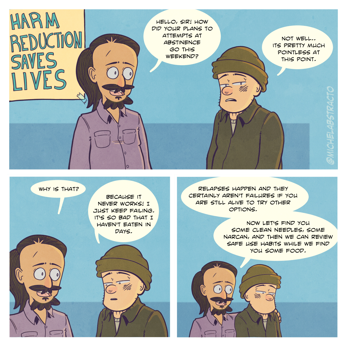Abby meets with a client and comforts them that recovery doesn't happen overnight, and helps them with ideas on how to proceed safely.