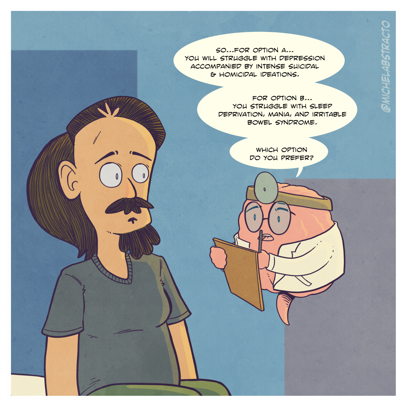 Not Really Options features Abstracto sits in a Doctor's office while Dr. Brain gives him two horrible options to choose from.